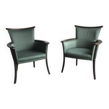 Pair of mid-century armchairs in wood and green fabric, 1960s, vintage style.