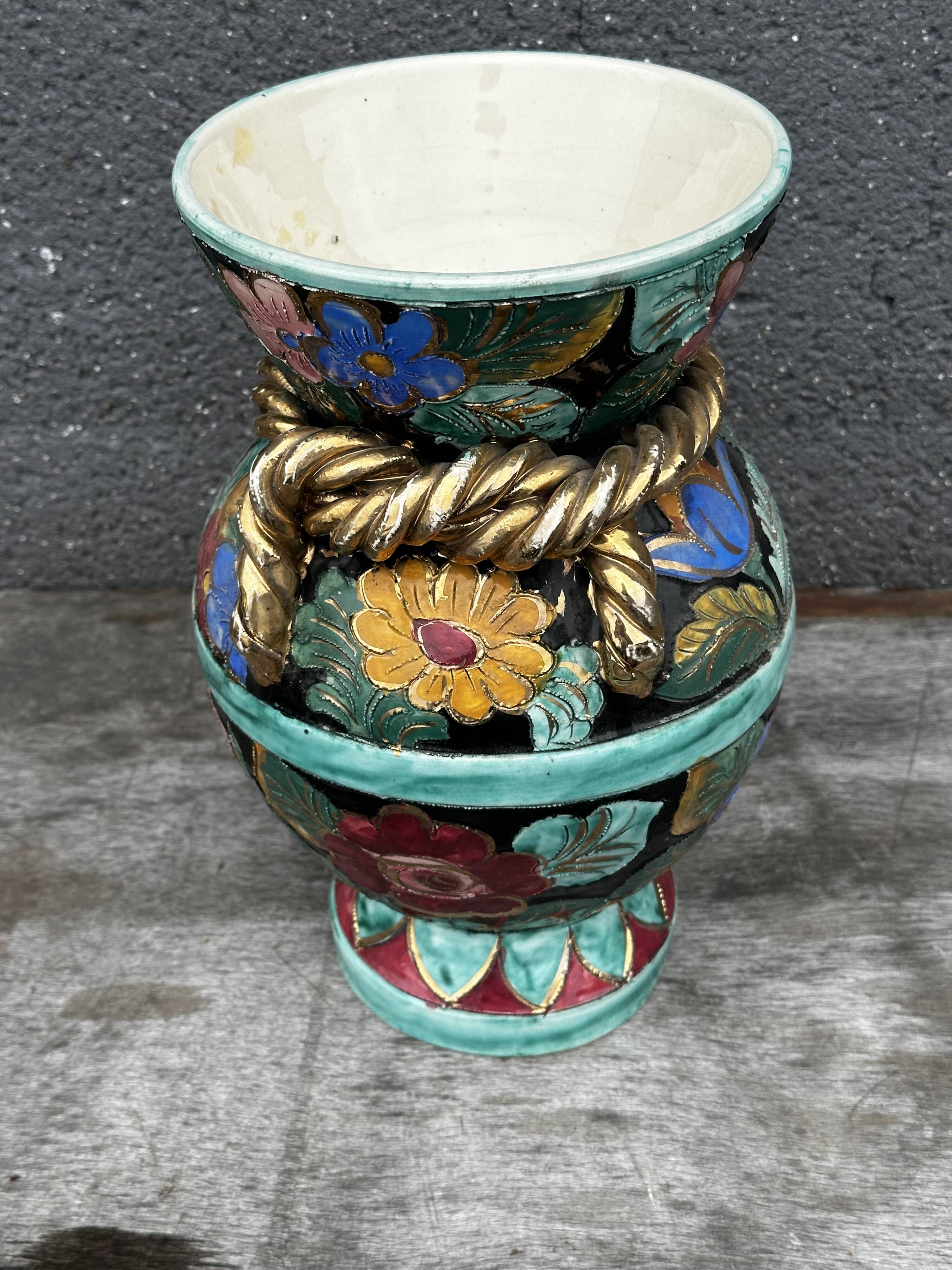 Vallauris vase signed JTF AC - Floral decoration - H 30 cm