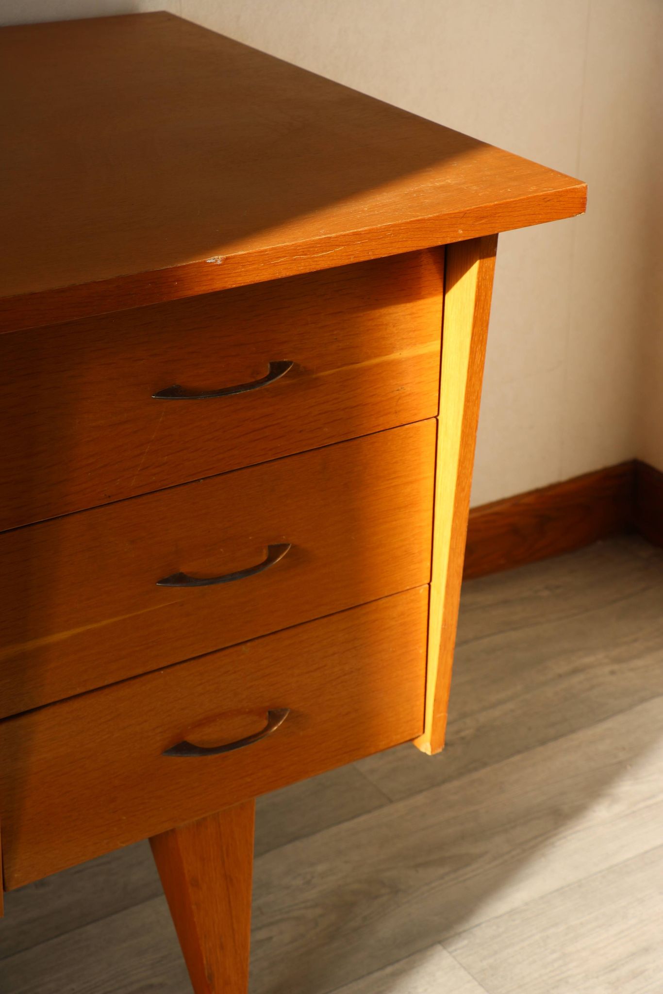Oak desk, splayed legs, drawers, 1960.
