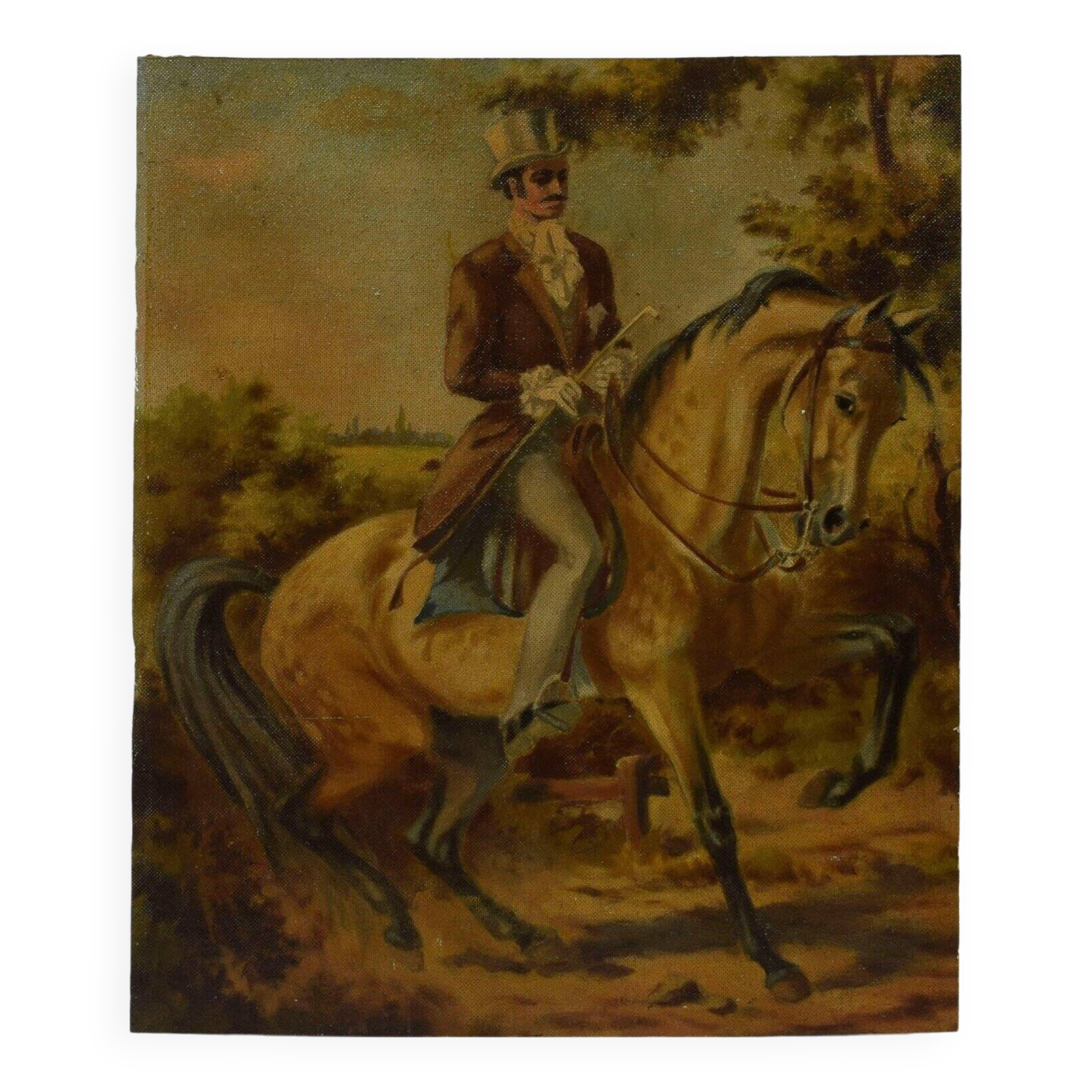 Peinture à l'huile impressionniste vintage représentant un homme à cheval