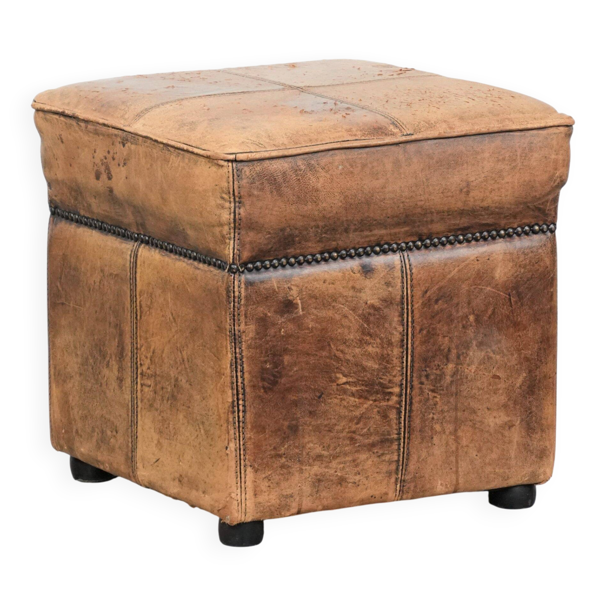 Sturdy square vintage sheepskin pouf/ottoman with beautiful colours