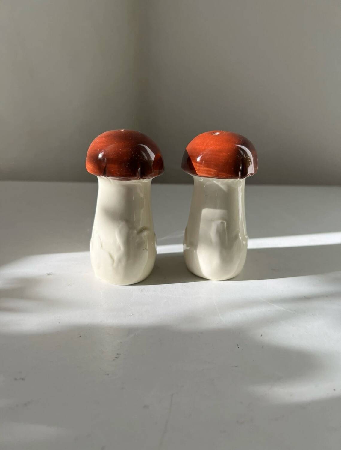 Mushroom-shaped ceramic salt and pepper shakers