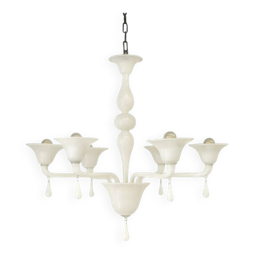 Contemporary Italian 6-Arm White Murano Glass Chandelier