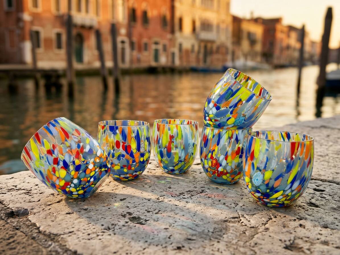Set of 6 blown glass glasses with Murano murrine.