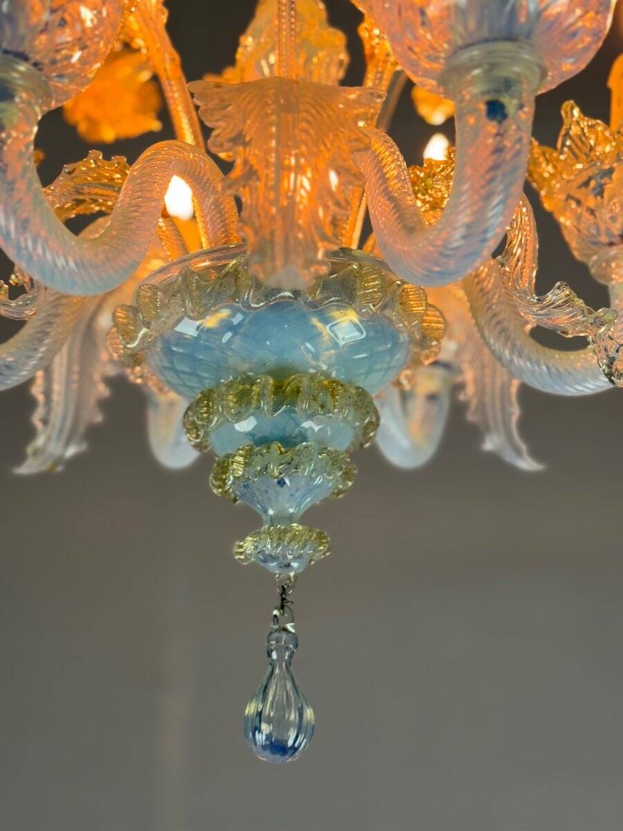 Small Venetian Chandelier In Opalescent Blue And Gold Murano Glass, 6 Arms Of Light Circa 1950
