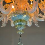 Small Venetian Chandelier In Opalescent Blue And Gold Murano Glass, 6 Arms Of Light Circa 1950