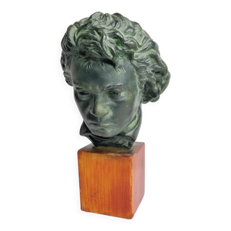 Plaster bust of Beethoven with bronze patina, signed, 27 cm