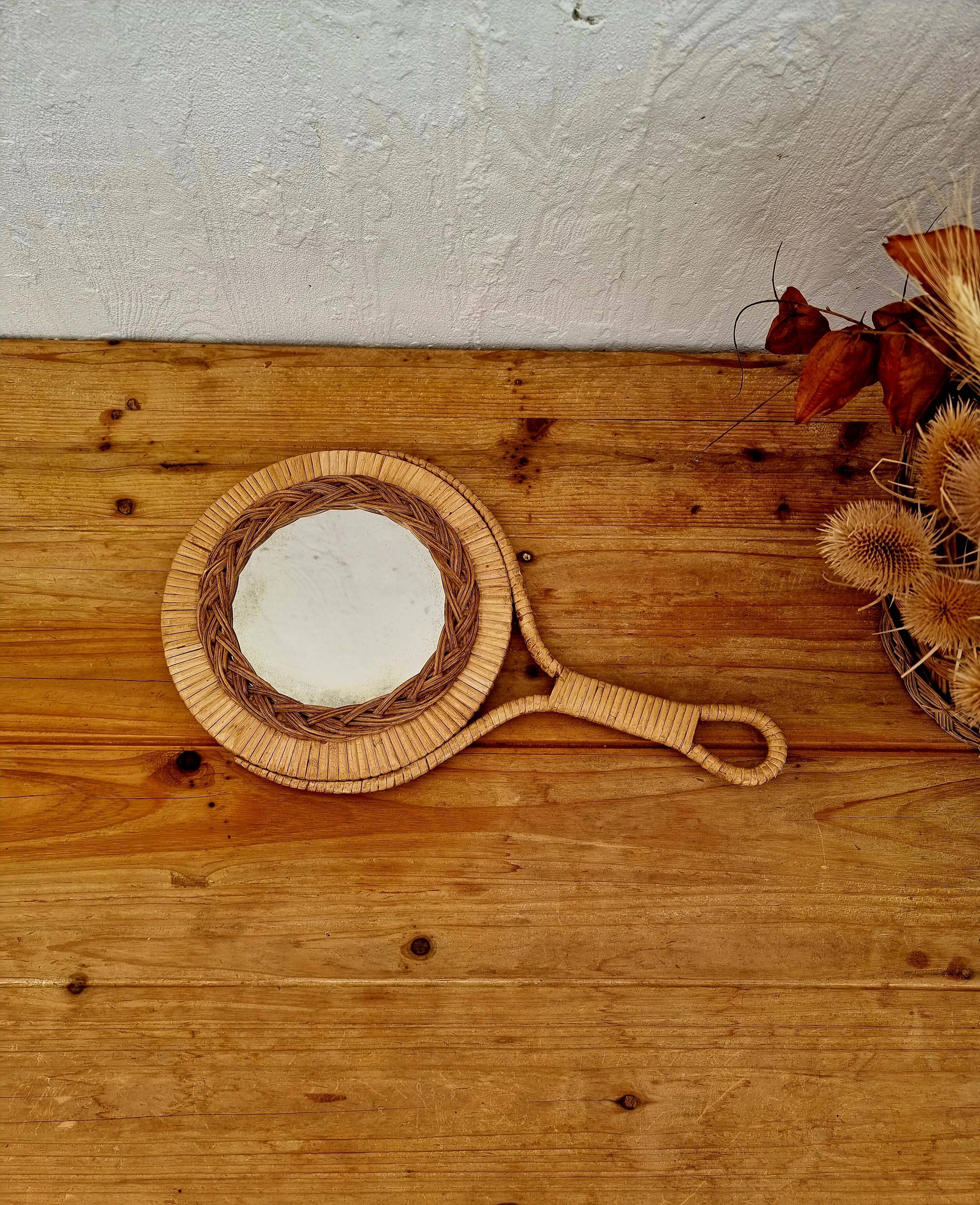 Vintage rattan hand mirror