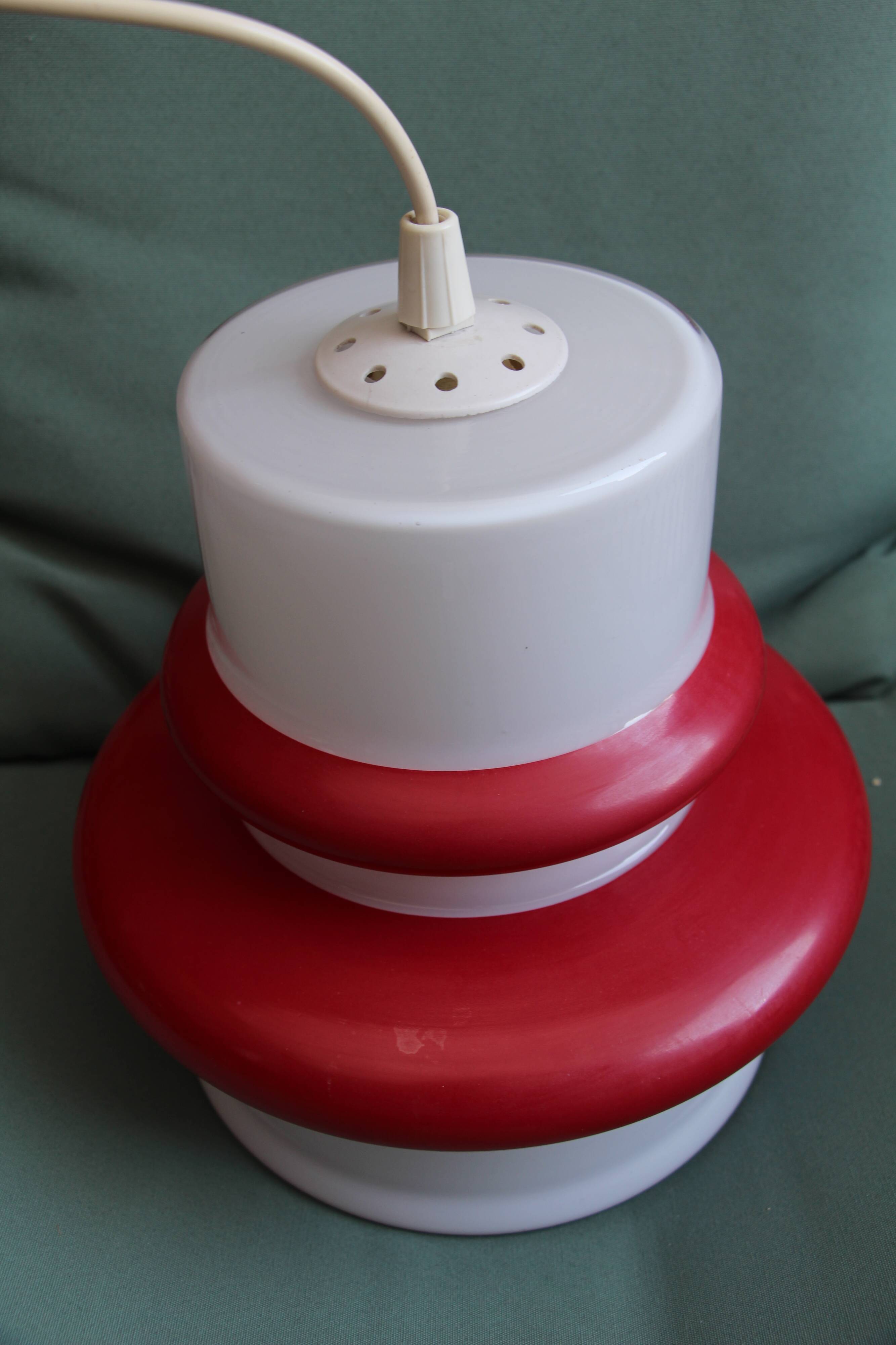Vintage hanging lamp in red and white opaline
