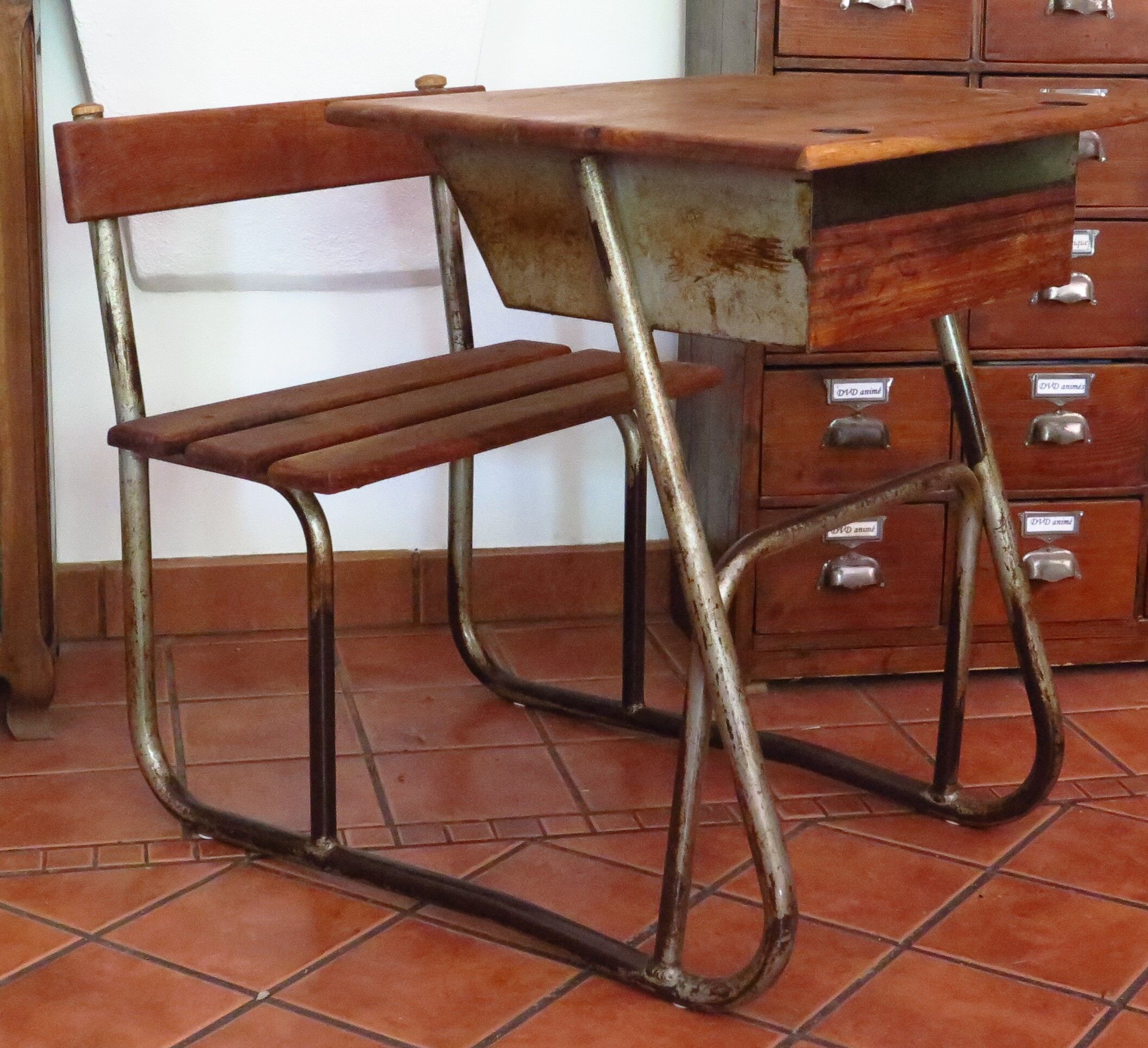 Industrial style oak and metal school desk