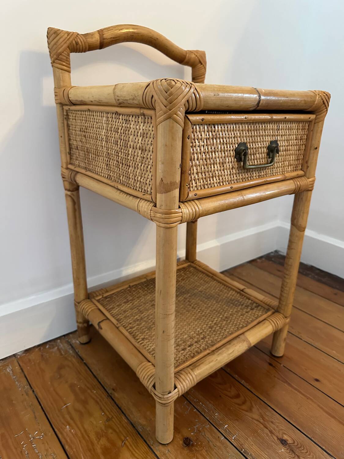 Antique rattan bedside table with vintage drawer