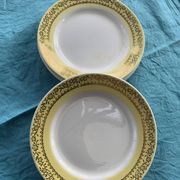 6 small plates with yellow borders and floral pattern gold antiques
