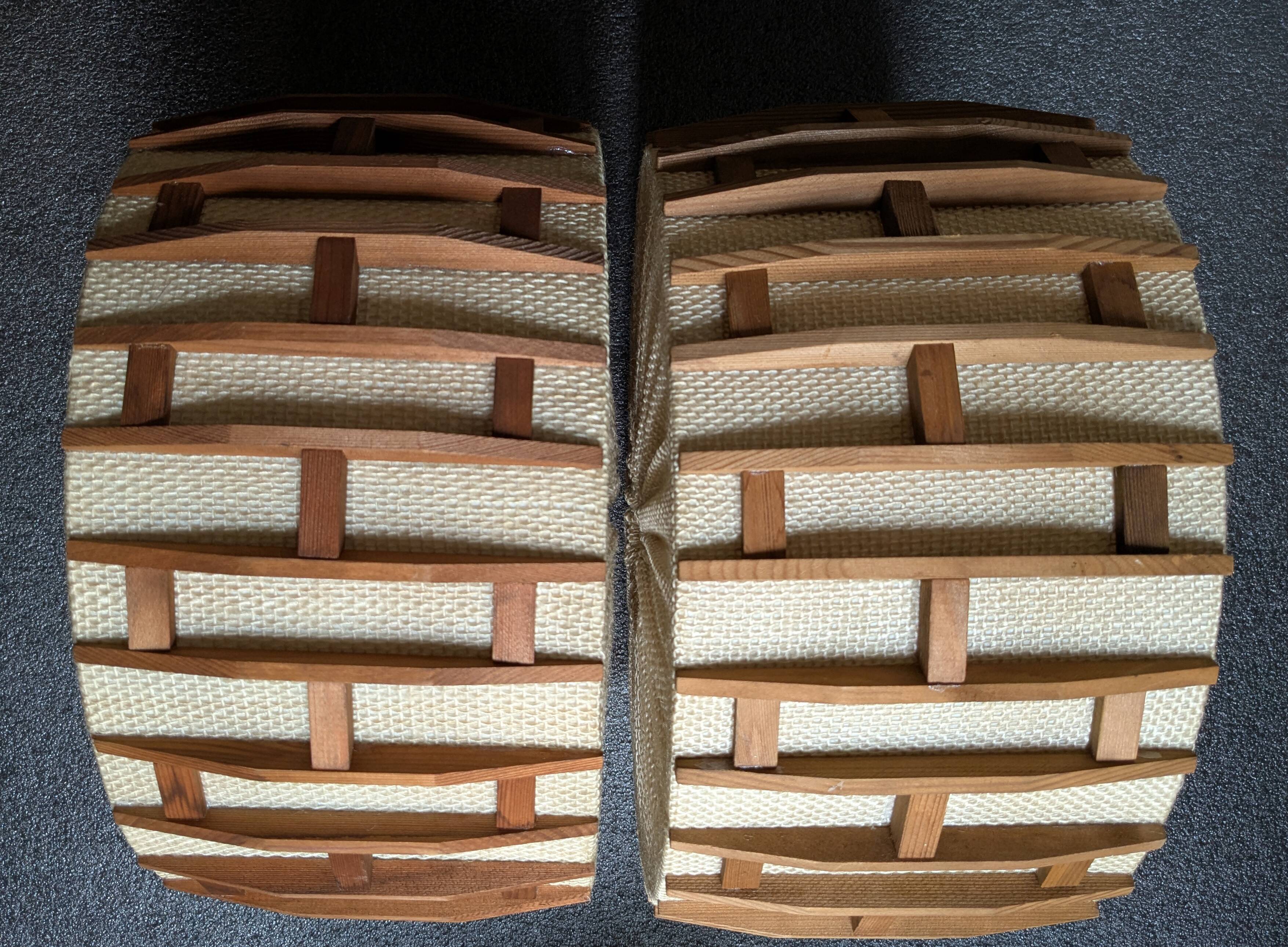 Pair of Scandinavian wooden and fabric pendant lights from the 60s