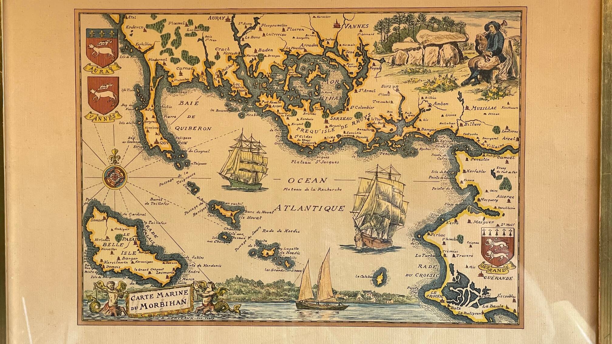 Vintage Atlantic Ocean Marine Map Gold Leaf Frame