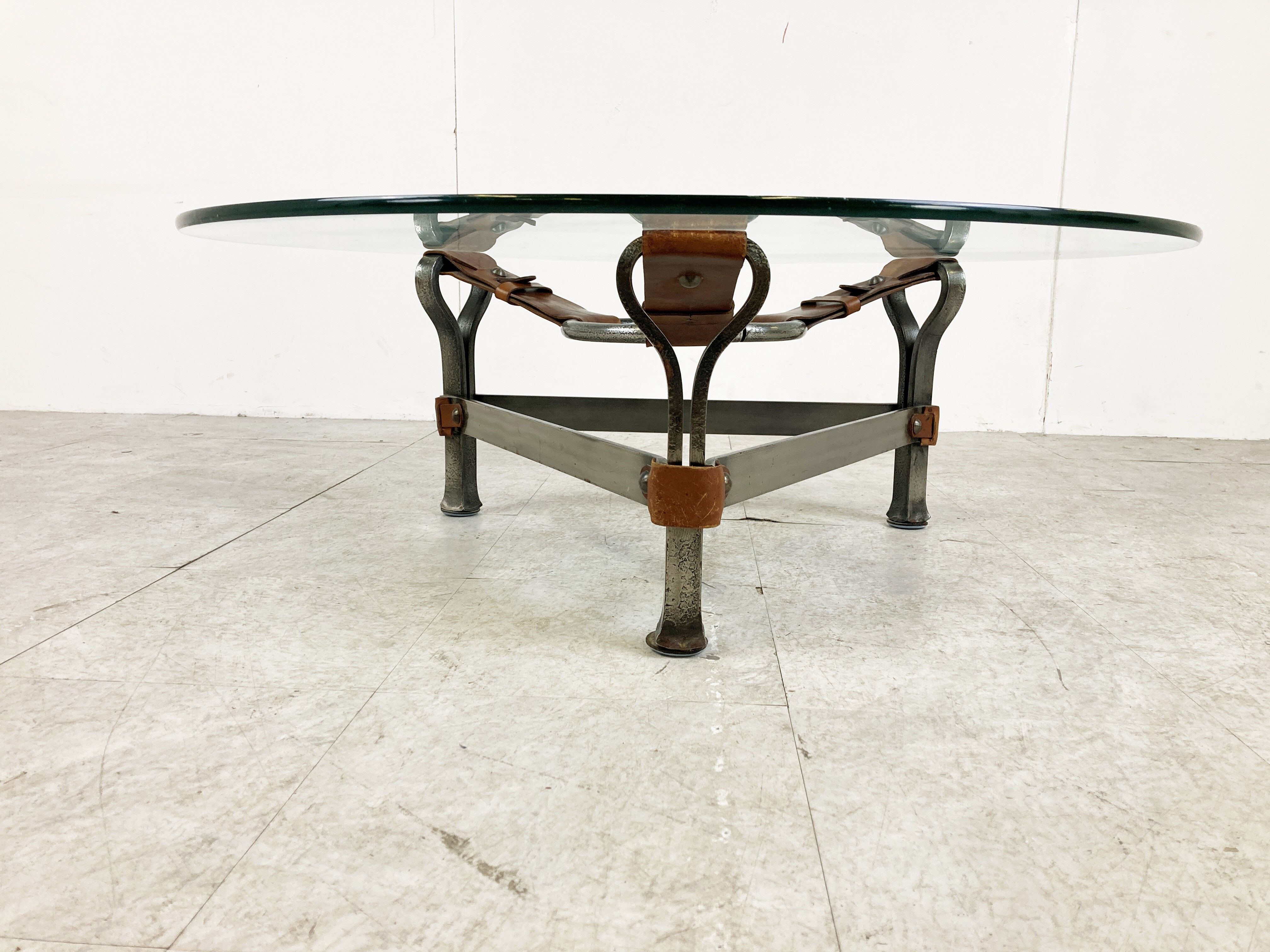 Mid century iron and leather coffee table, 1950s