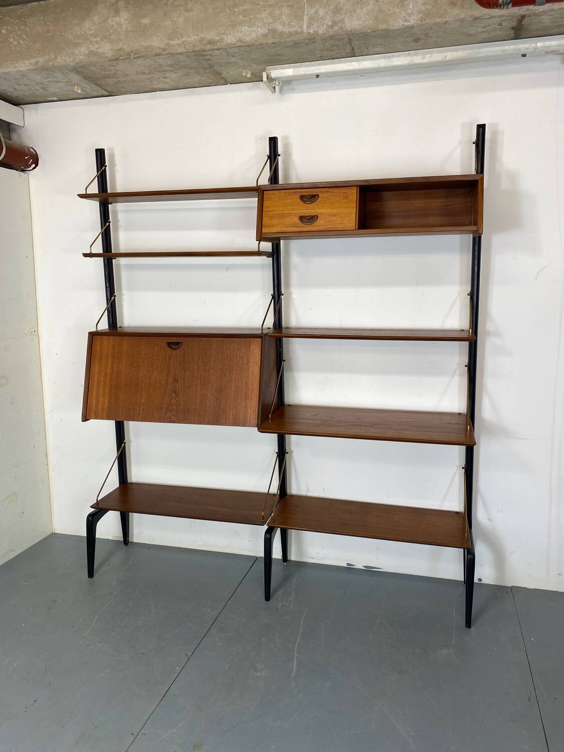 Mid-Century Danish Style Teak and Brass Wall System Unit by Louis Van Teeffelen for Wébé, 1950s