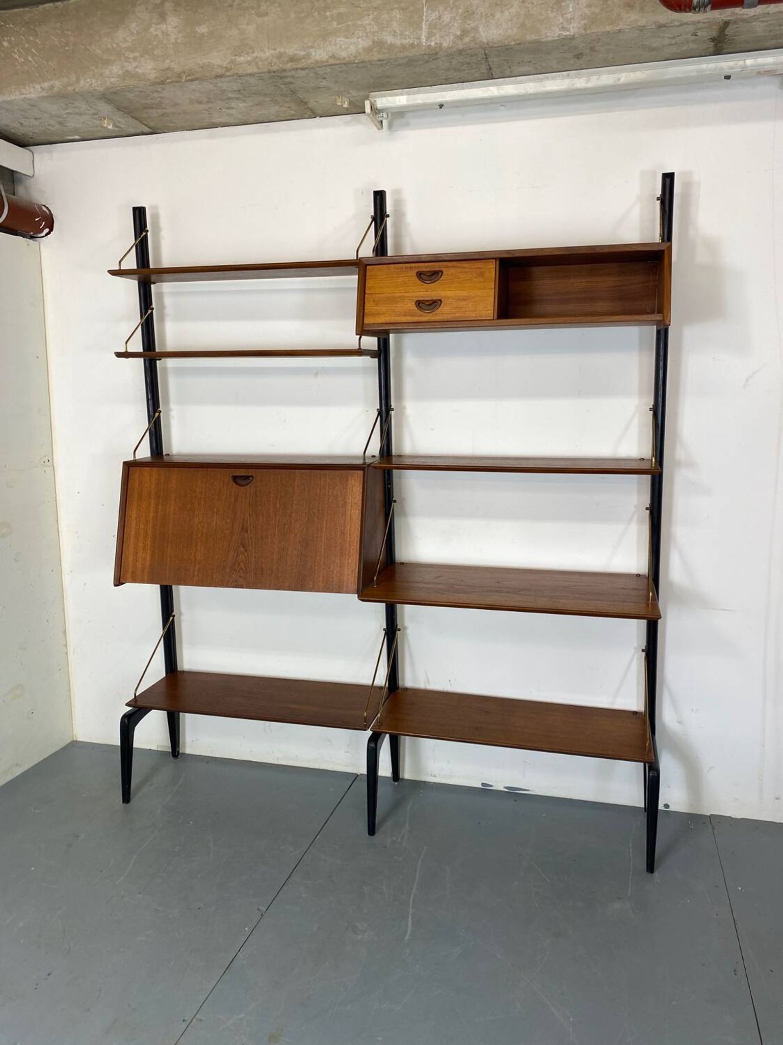 Mid-Century Danish Style Teak and Brass Wall System Unit by Louis Van Teeffelen for Wébé, 1950s