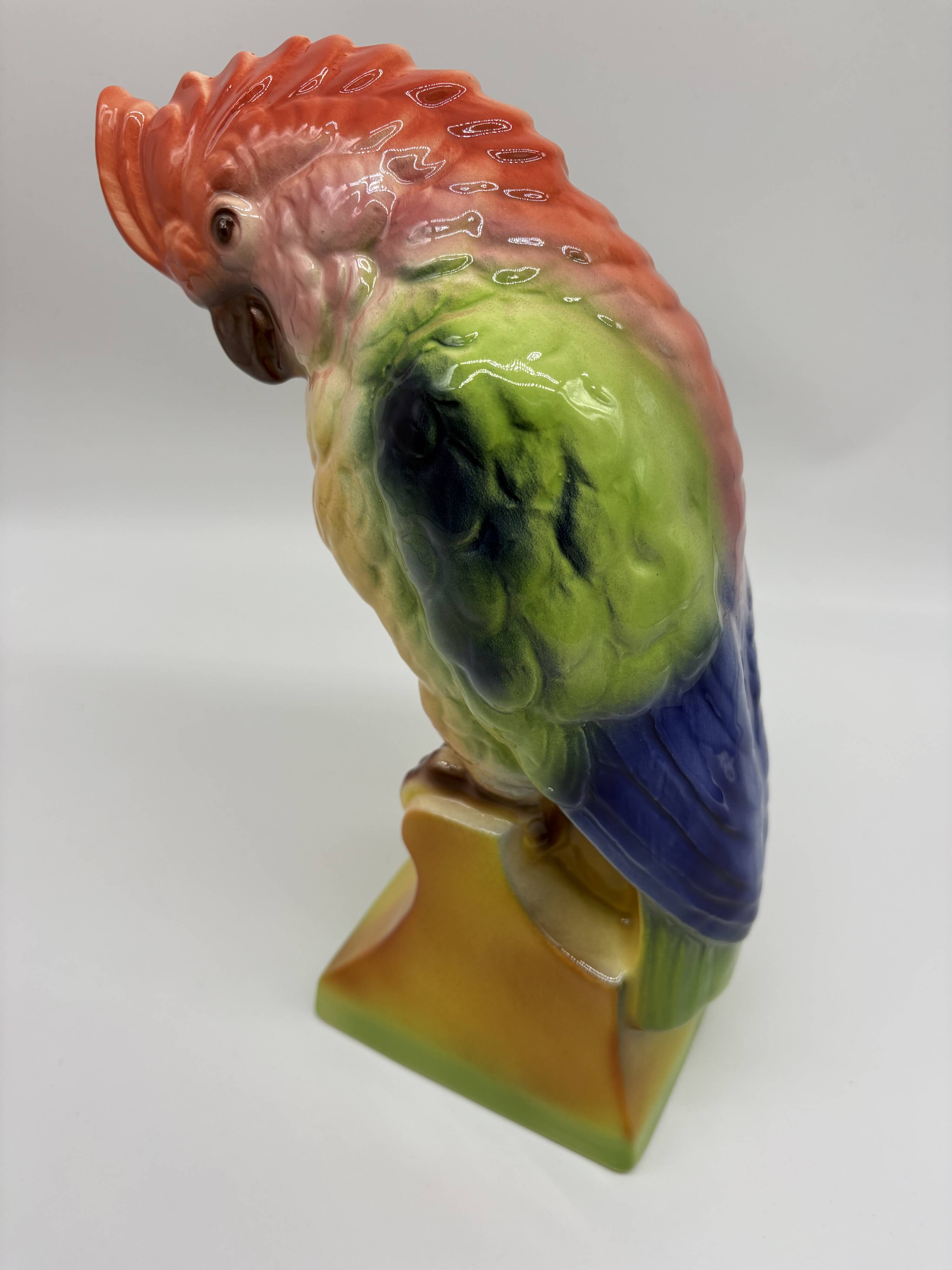 Large Cockatoo Saint-Clément France Hand-Painted Ceramic Tropical Bird