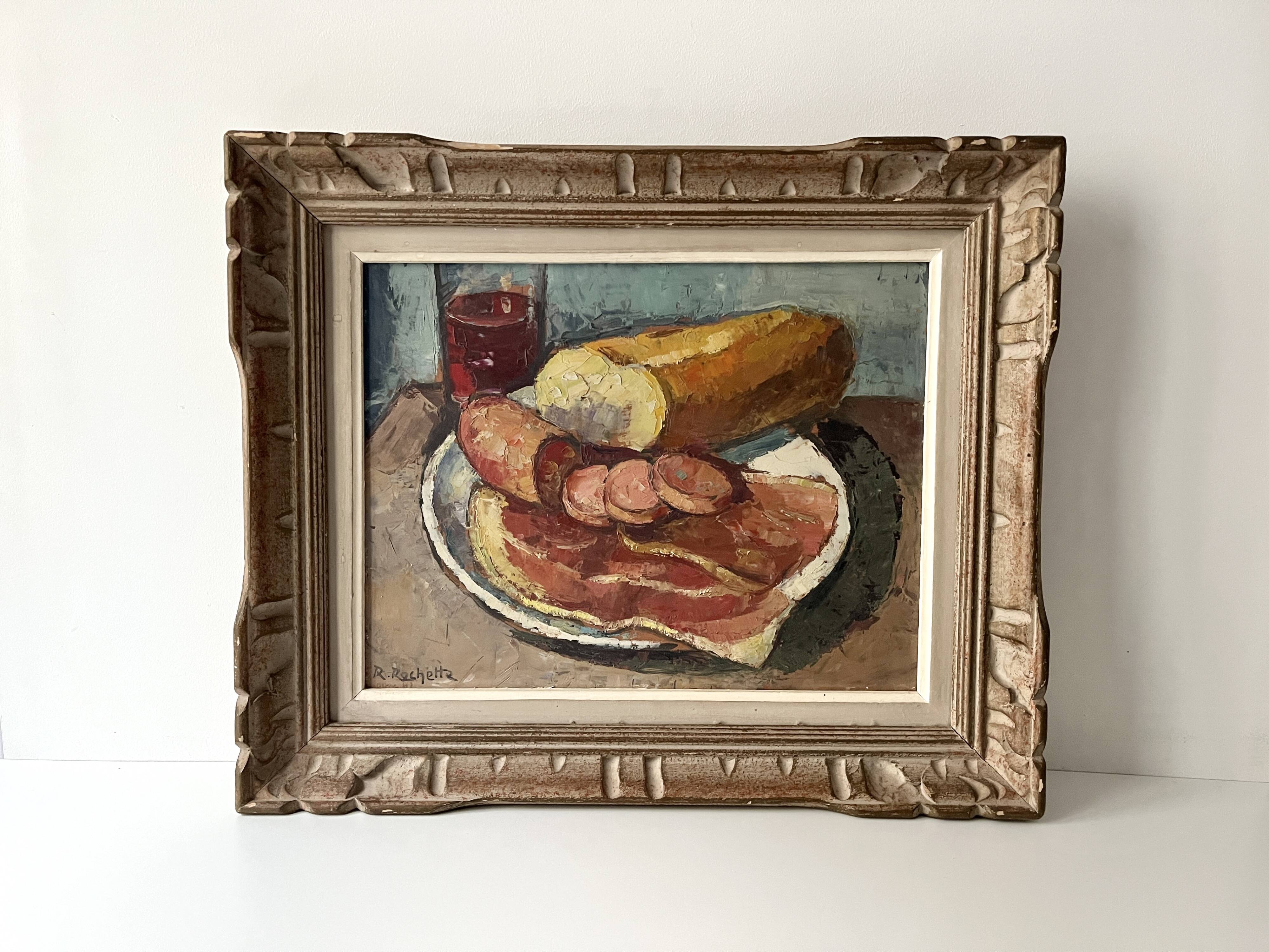 Oil on canvas still life with a baguette and sausage from the 1940s.