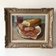 Oil on canvas still life with a baguette and sausage from the 1940s.