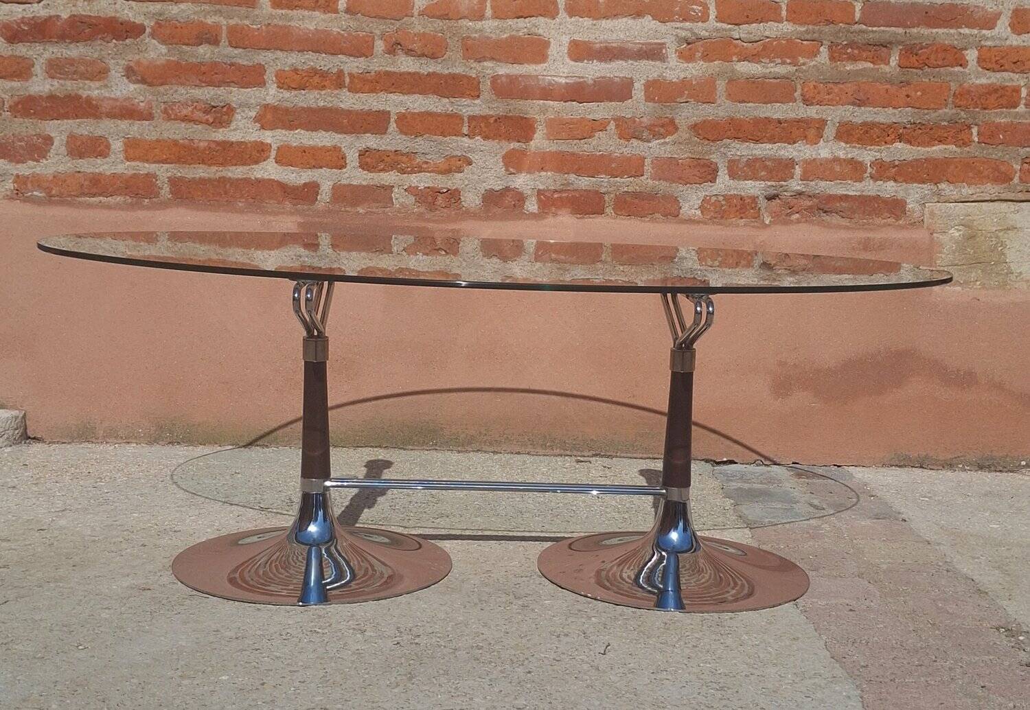 Table ovale Design années 70 – Verre, Chrome & Noyer