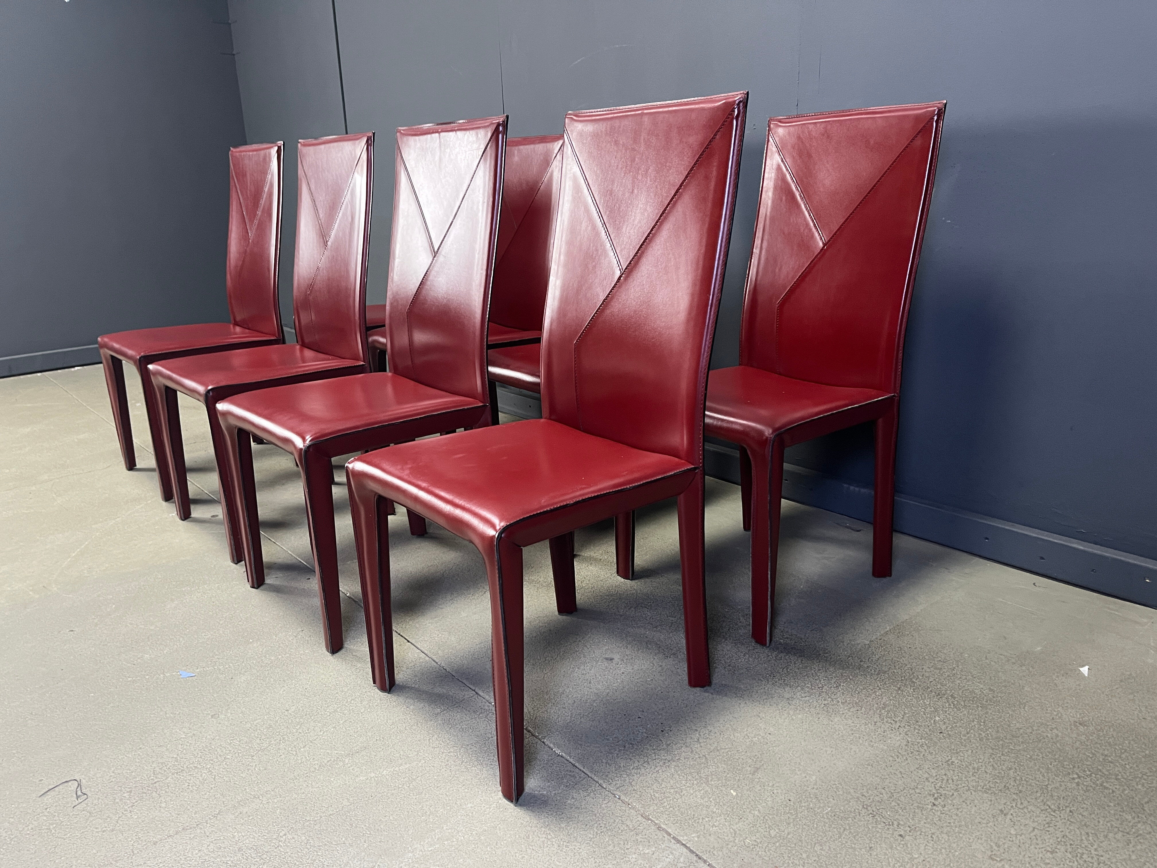 Red leather dining chairs by Roche Bobois France, 1980s - set of 8