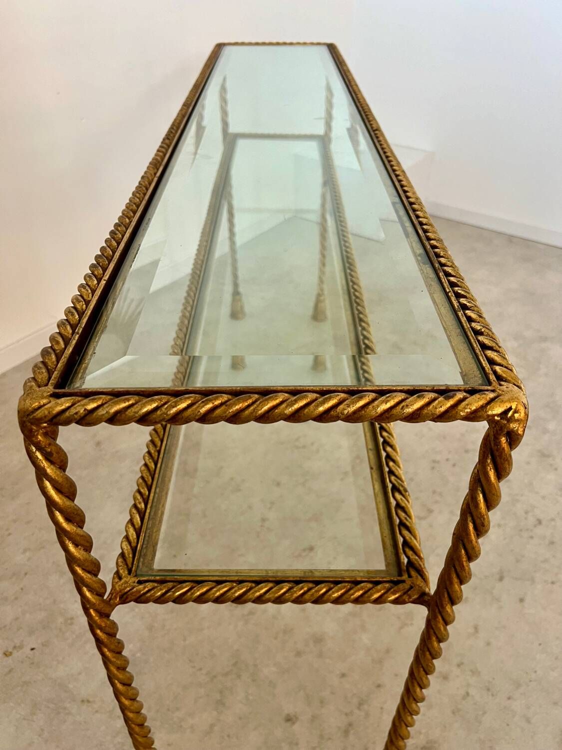 Antique console table in twisted gilded brass and glass Italian design from the 60s vintage table