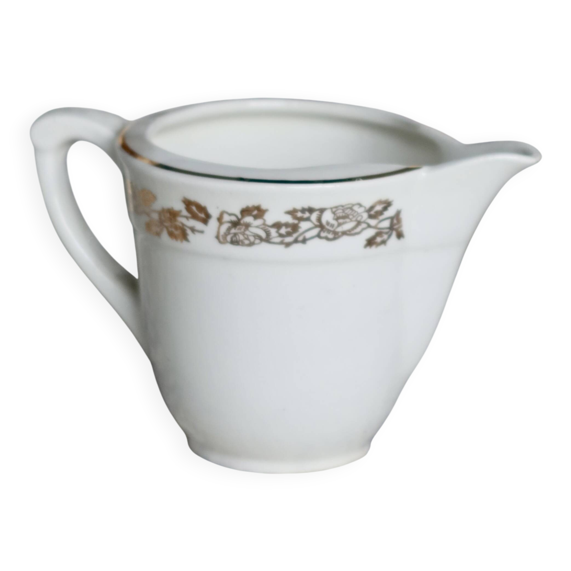 Vintage earthenware milk jug from Moulin des Loups – Gold floral motif