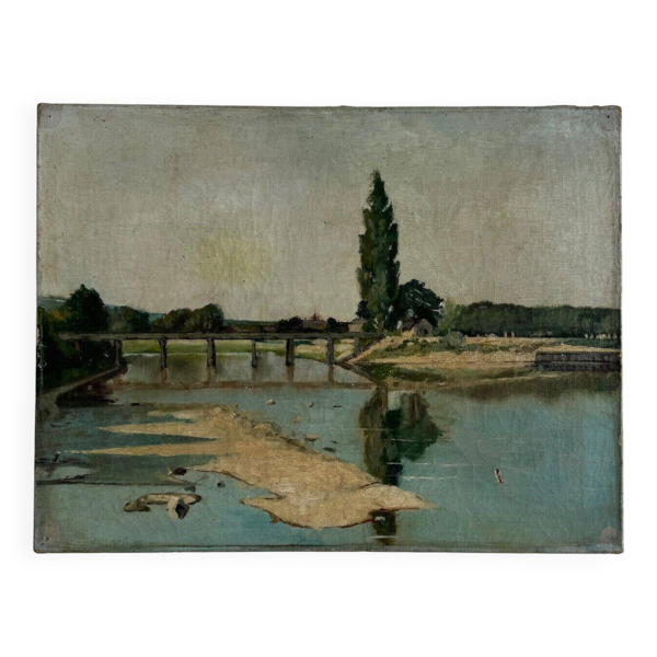 Huile sur toile représentant un cours d'eau avec un pont début XXe
