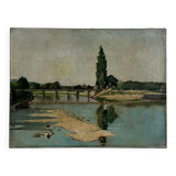 Oil on canvas depicting a river with a bridge, early 20th century