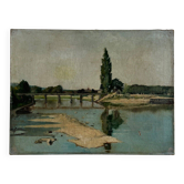 Huile sur toile représentant un cours d'eau avec un pont début XXe