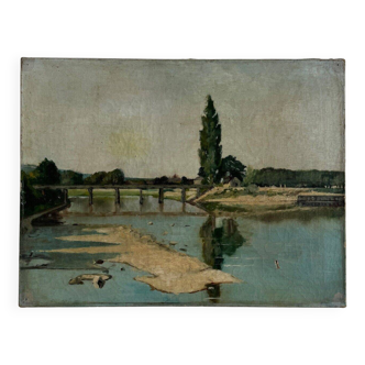 Oil on canvas depicting a river with a bridge, early 20th century