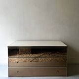 Ivory lacquered sideboard with polished finish and smoked mirror, JC Mahey design 1970.