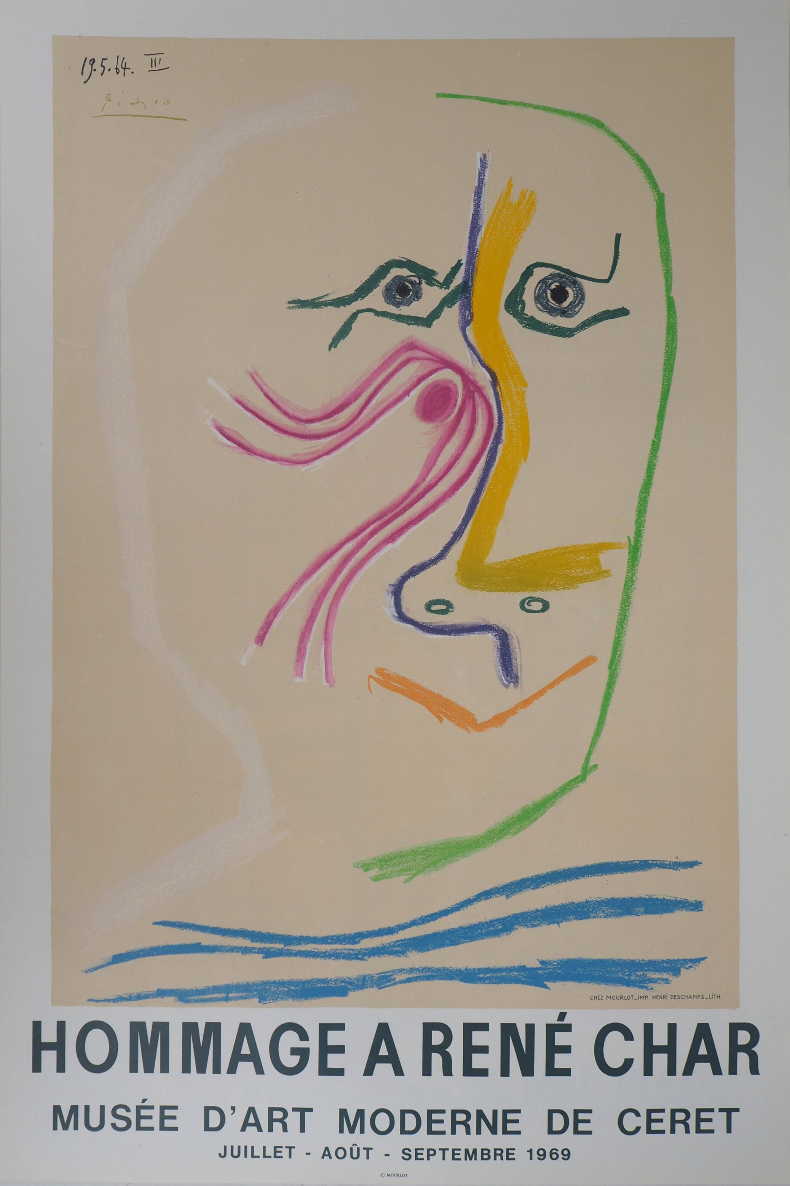 Pablo picasso: homage to rené char - signed lithograph (musée céret, 1969)