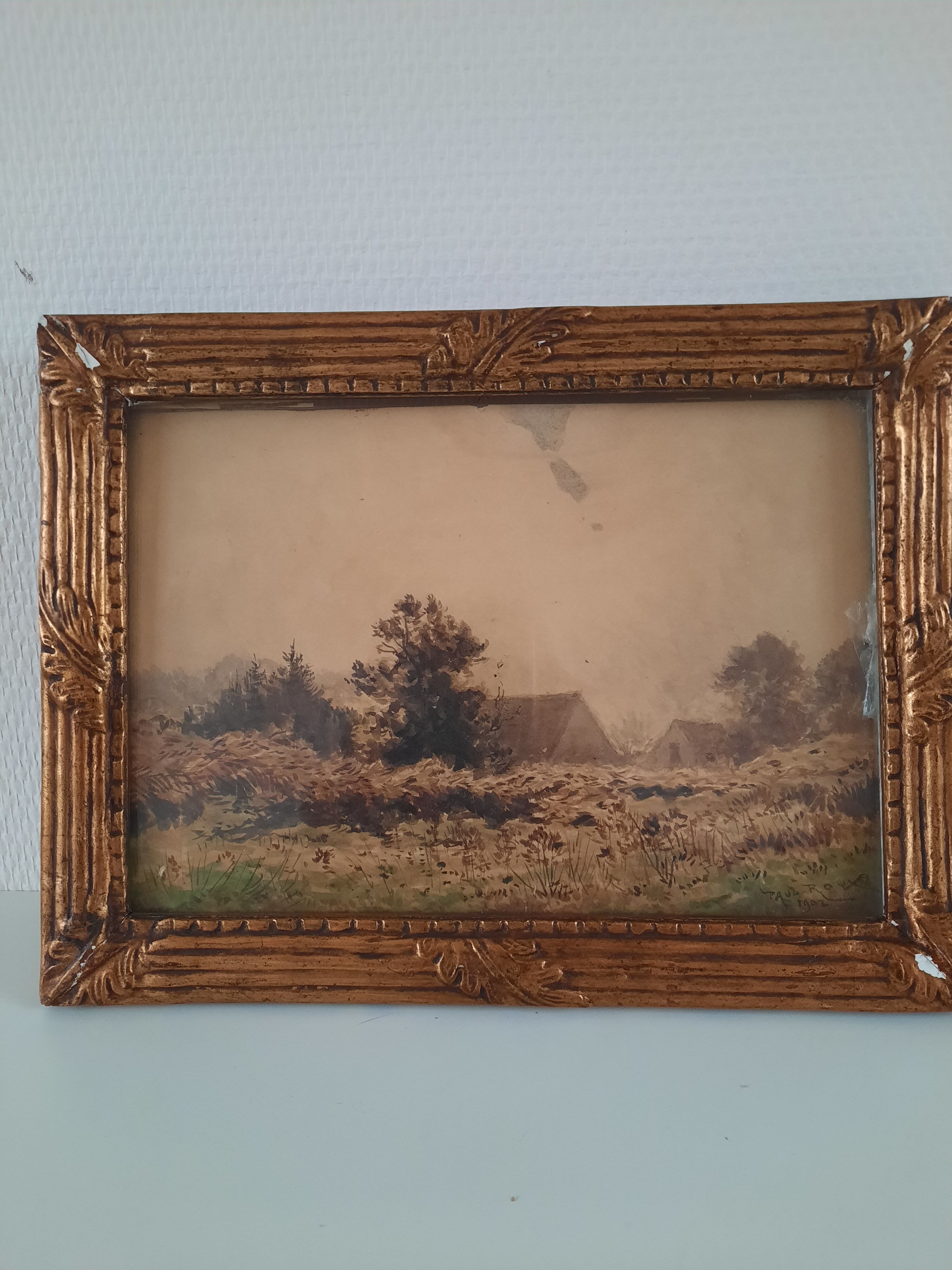 Watercolor painting landscape of a farm and its surroundings signed paul roux 1902