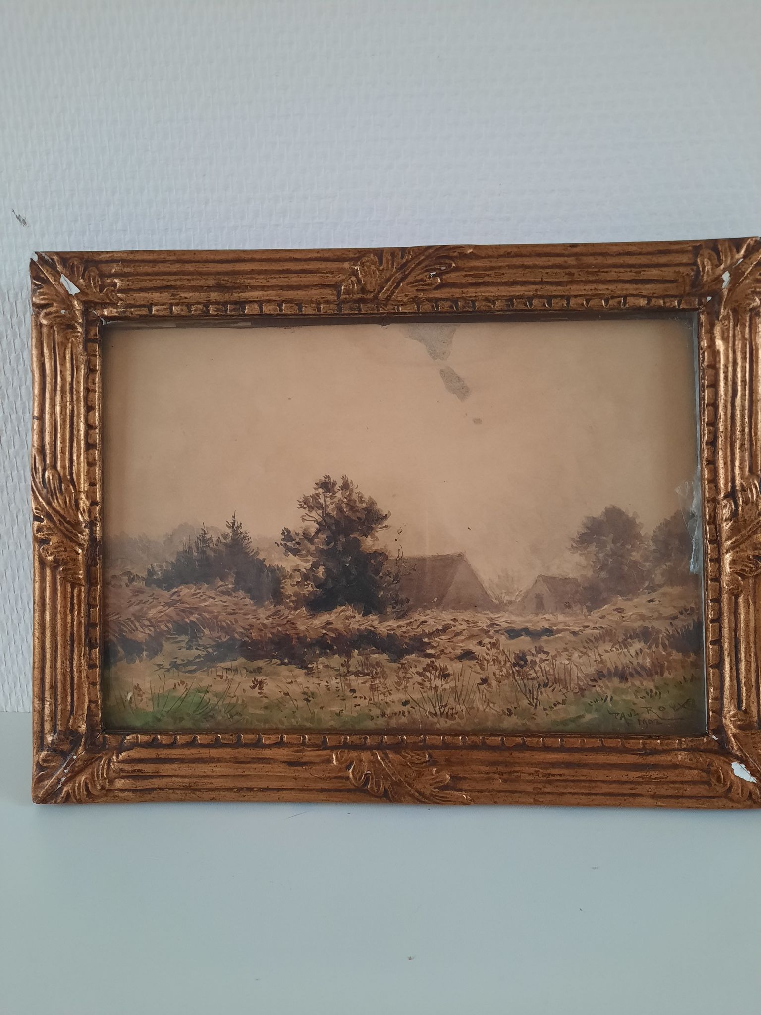 Watercolor painting landscape of a farm and its surroundings signed paul roux 1902