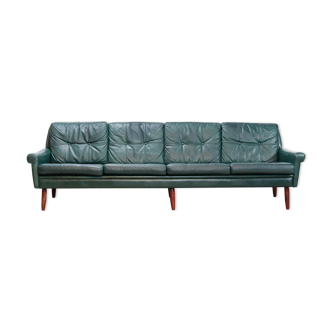 Green leather Danish design four-seater sofa from Svend Skipper