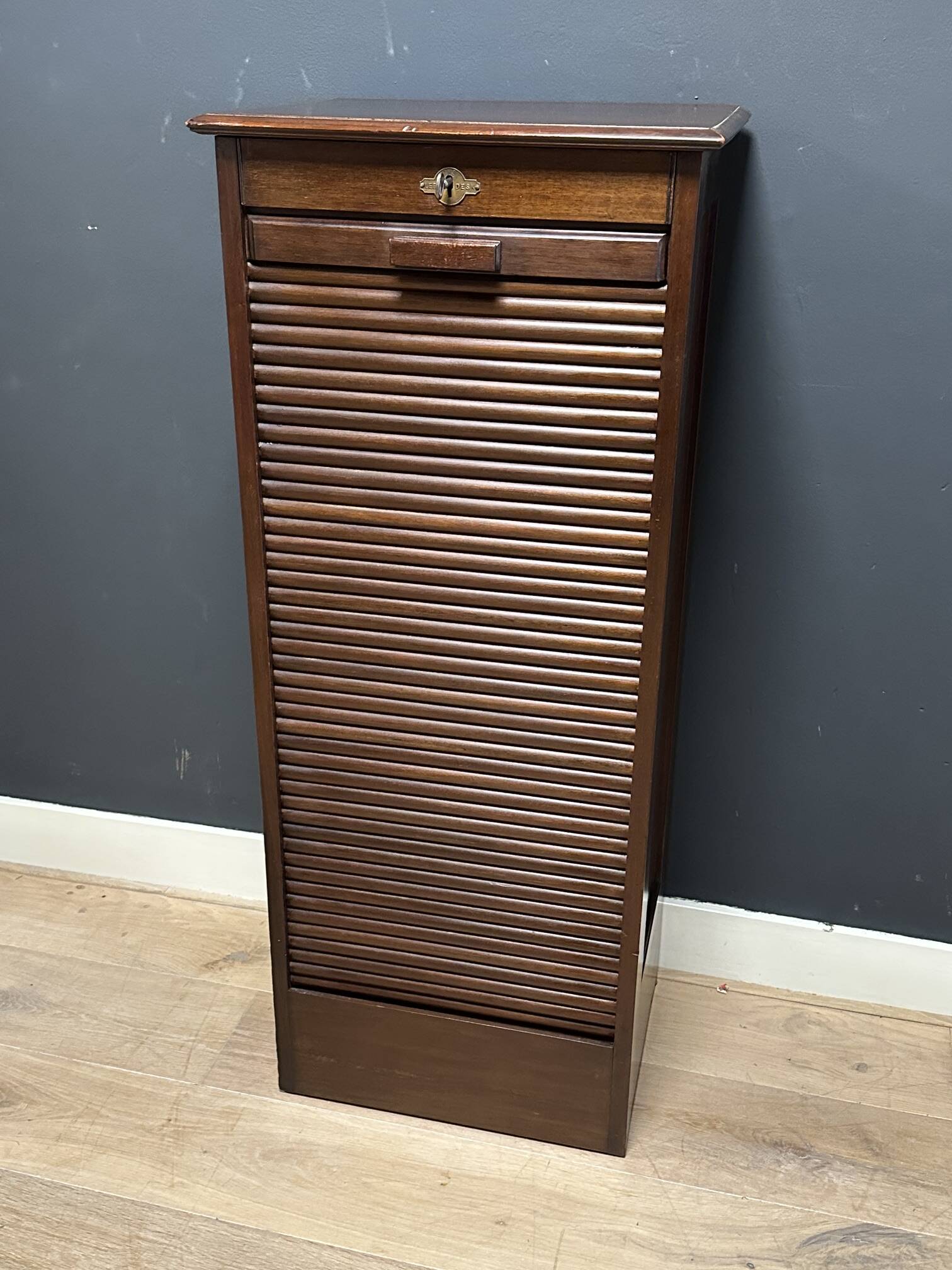 Antique mahogany roll-top filing cabinet with 10 drawers