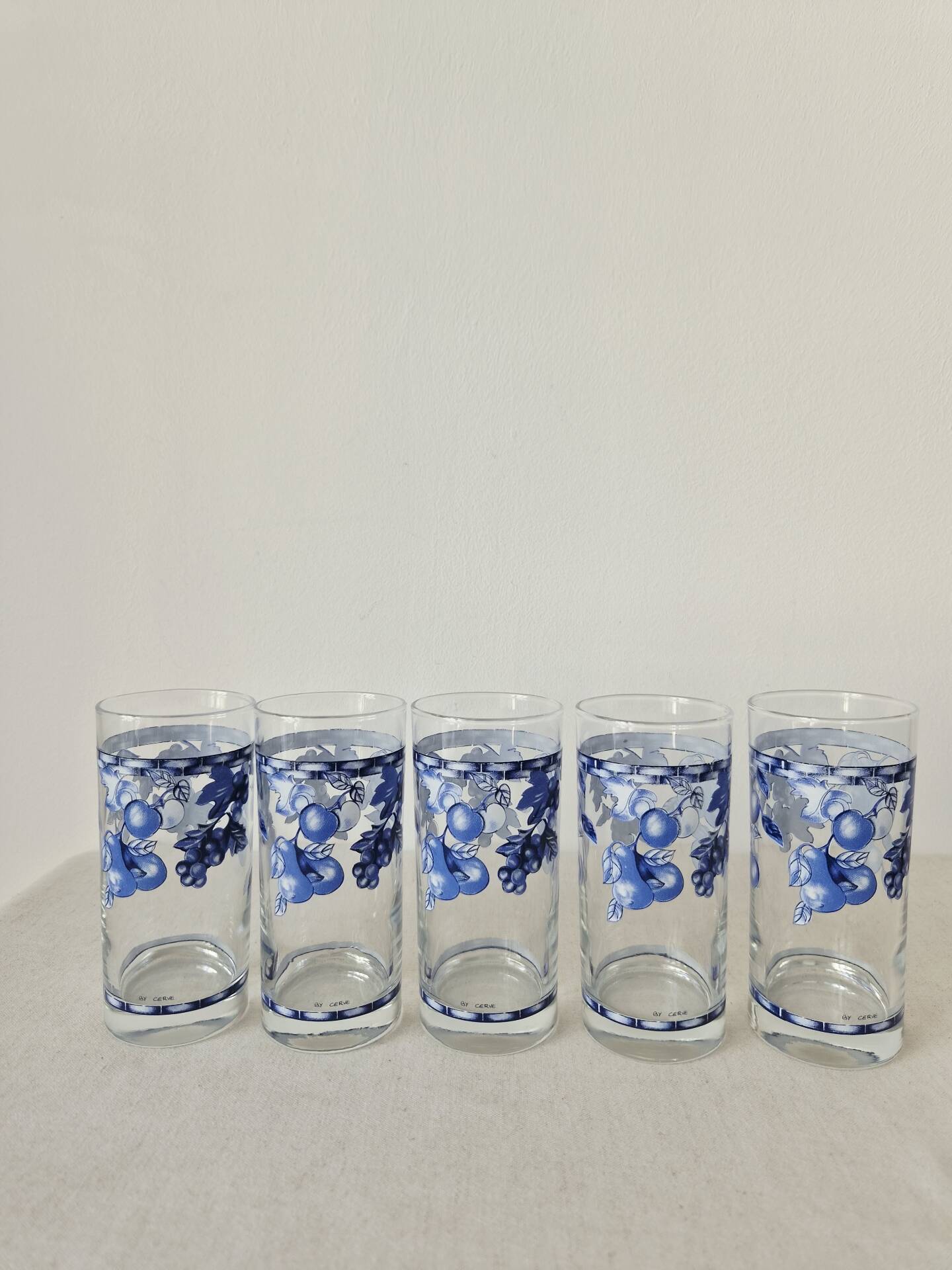 Set of 5 vintage glasses "Blue Fruit Pattern" 1970s - by Cervé Italy