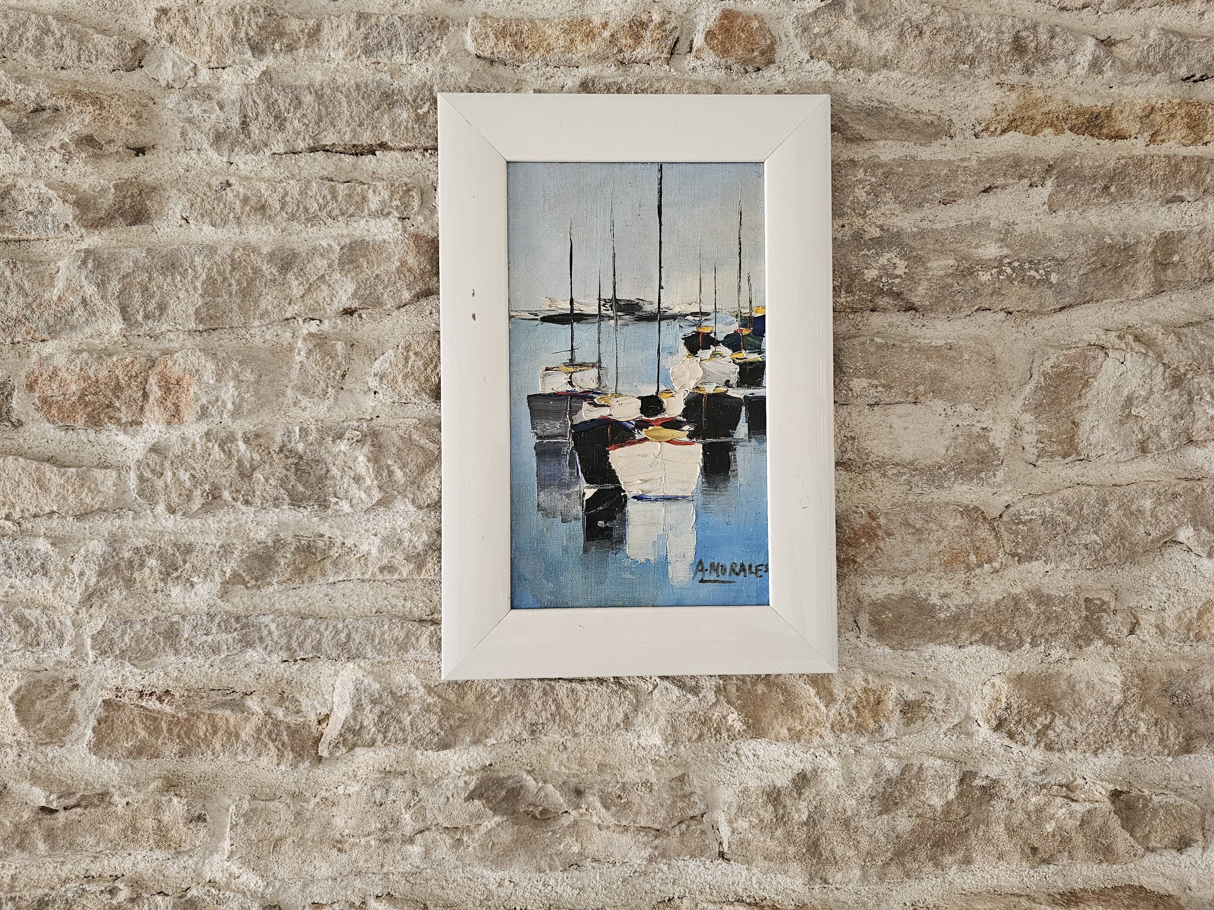 Oil on Canvas Painting Marine Landscape Sailboats at Anchor Signed Morales