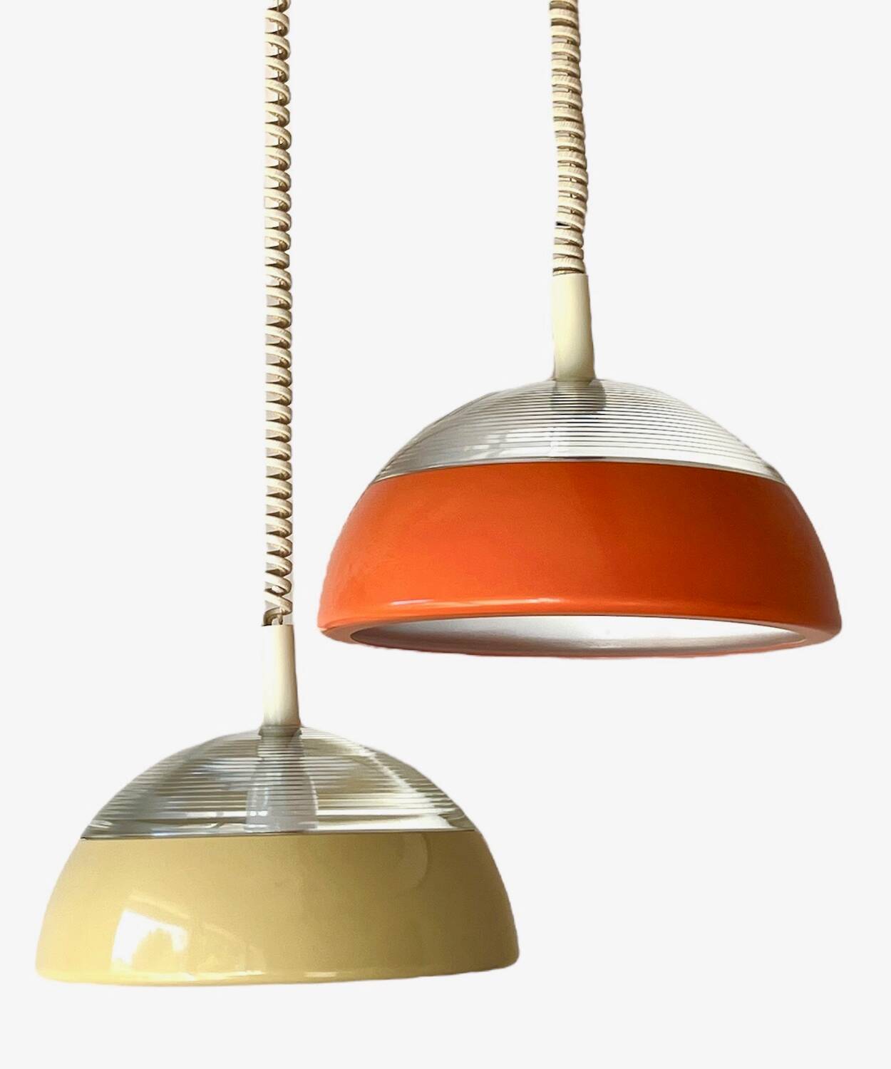 Space-age pendant light in holophane glass and lacquered metal from the 70s.