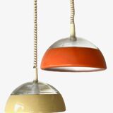 Space-age pendant light in holophane glass and lacquered metal from the 70s.