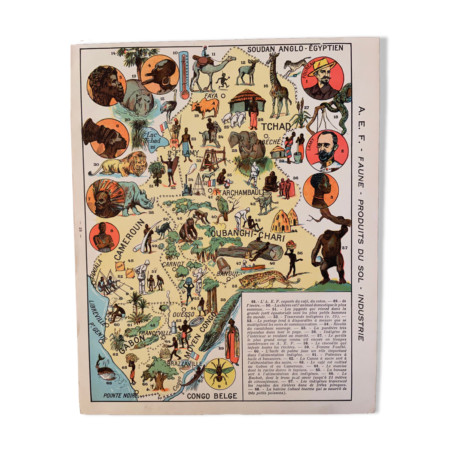 Old poster map of French Equatorial Africa (soil products and industry) - 1931