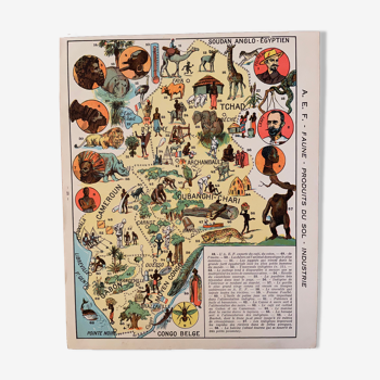 Affiche ancienne carte de l'Afrique-Équatoriale française (produits du sol et industrie) - 1931