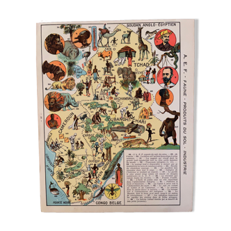 Affiche ancienne carte de l'Afrique-Équatoriale française (produits du sol et industrie) - 1931