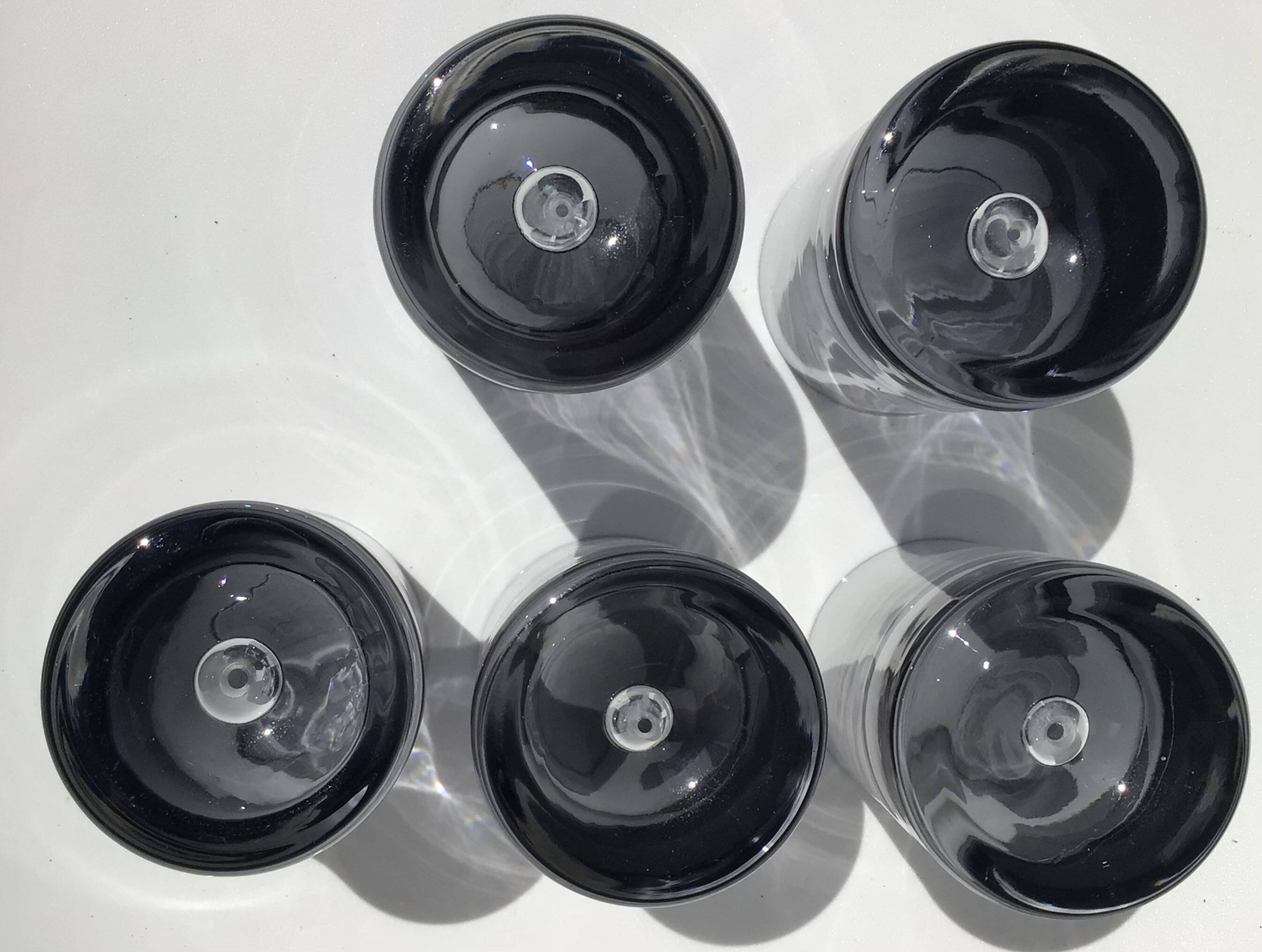 5 70's large bubble black smoked whiskey glasses