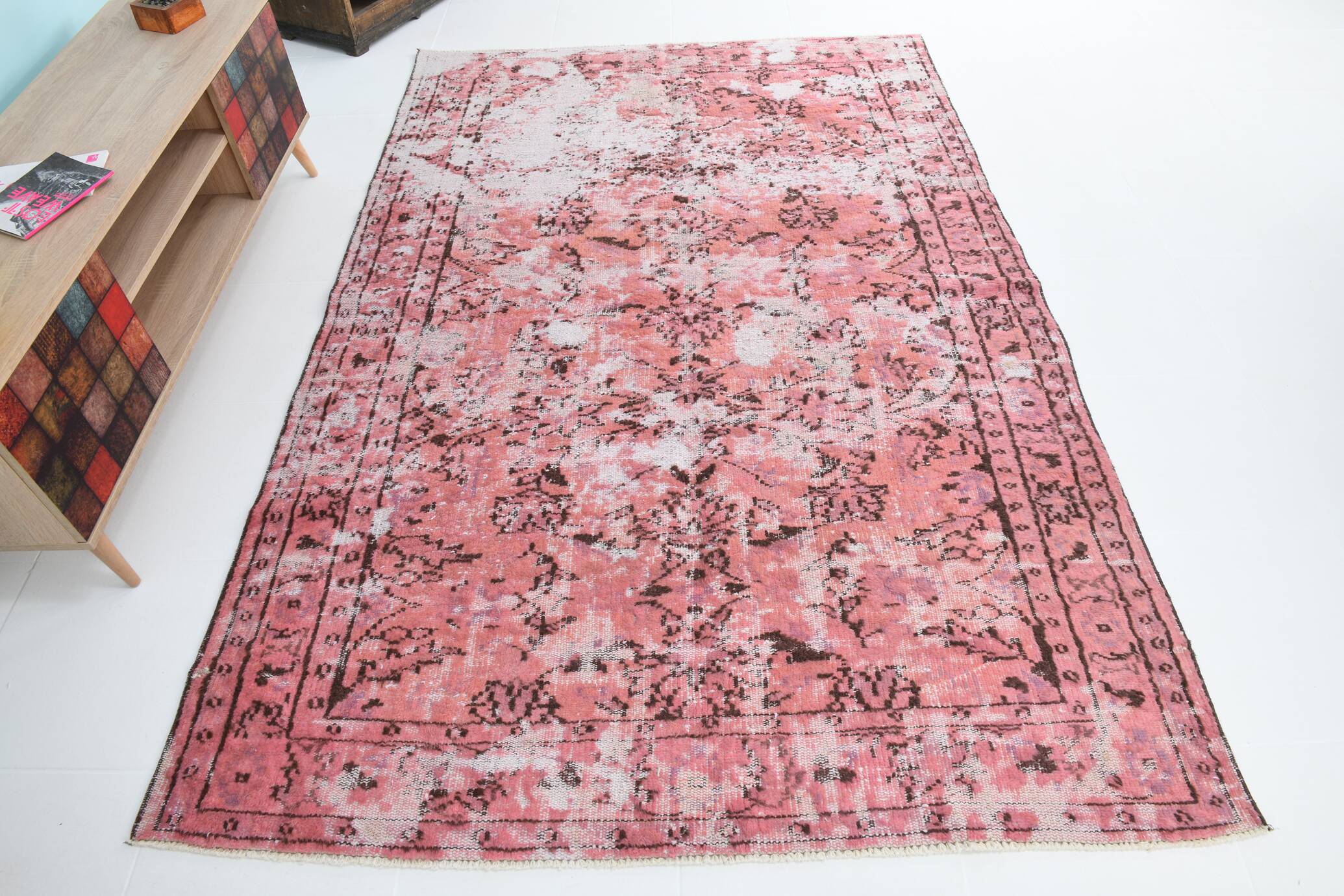 pink overdye turkish vintage carpet  , pink vintage distressed vintage rug.