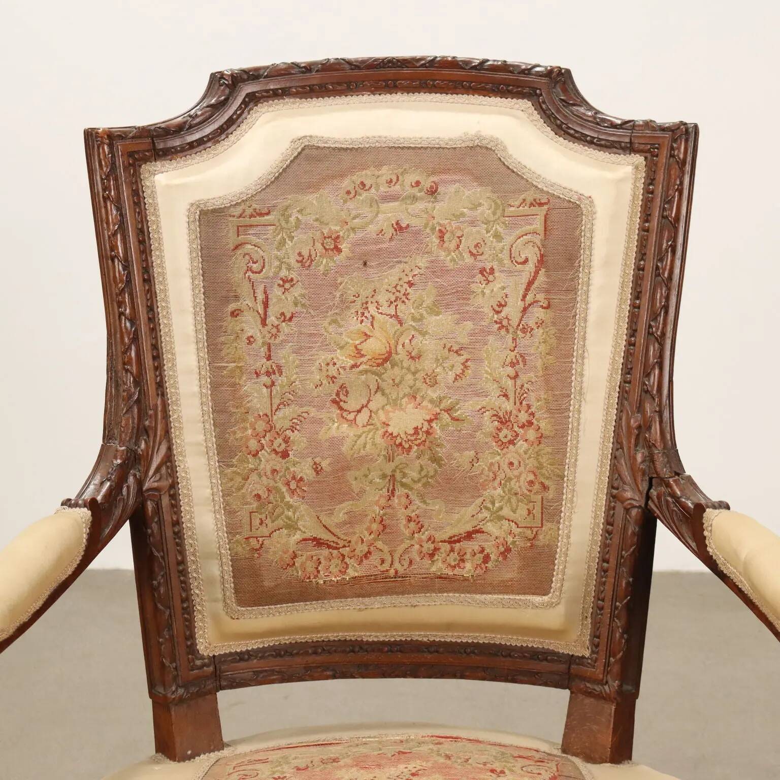 Antique beech armchair stained walnut, fabric, Italy, 19th century