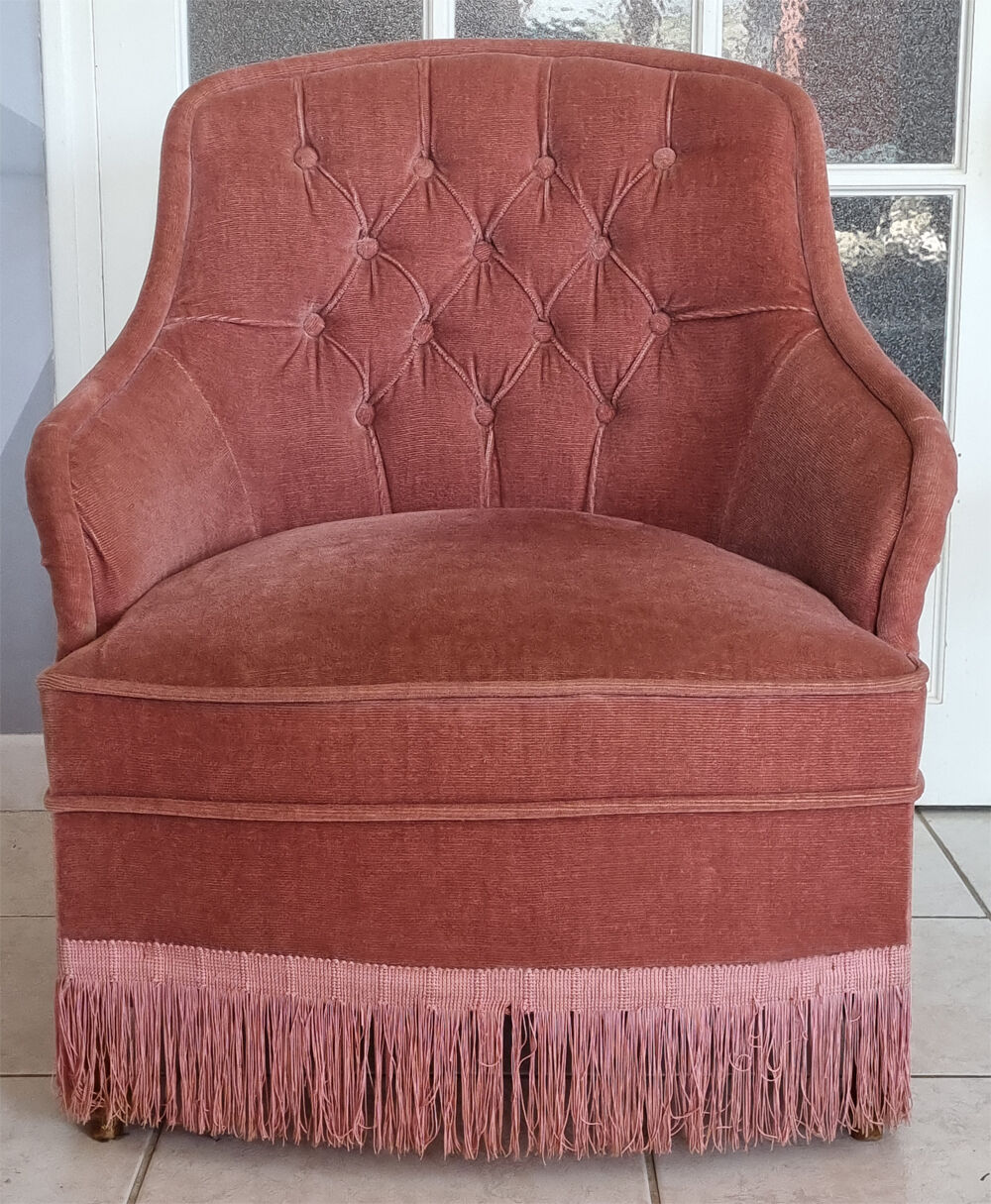 Old pink toad armchair, vintage, 40s / 50s