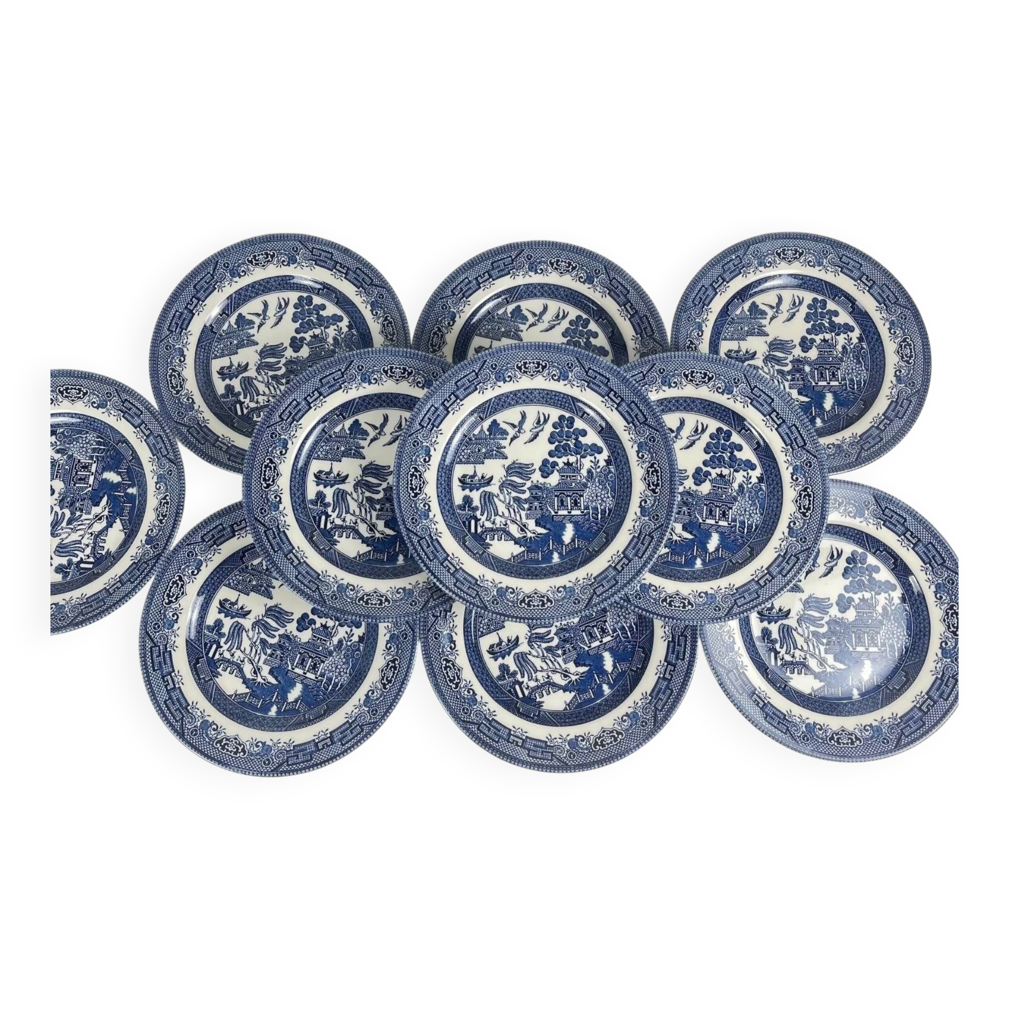 Set of 10 dessert plates, Asian pattern, Churchill, England 1970.
